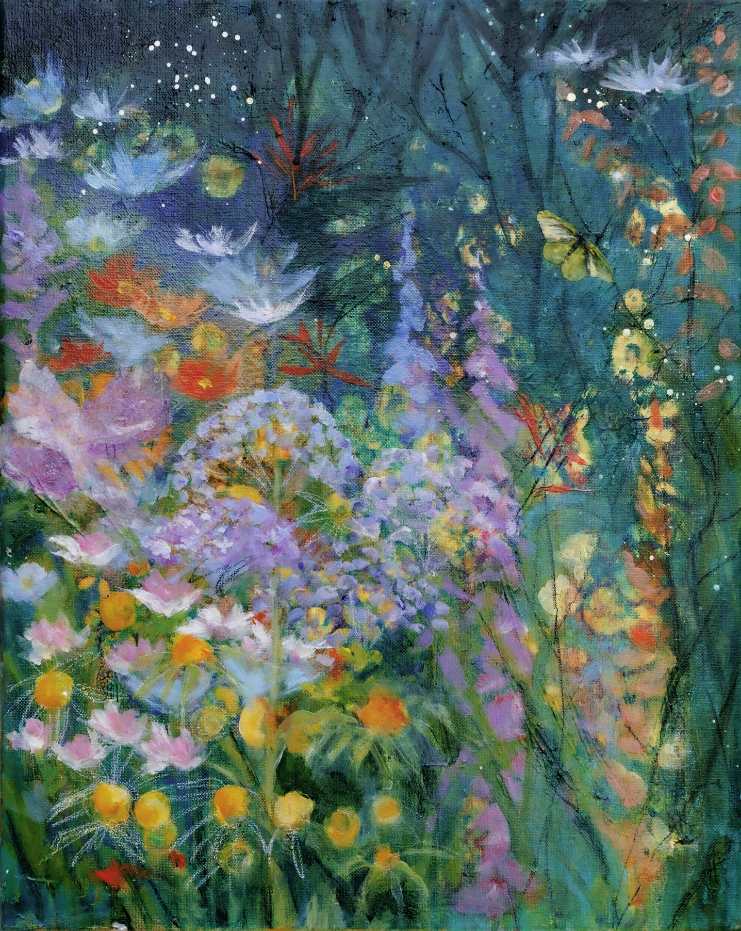 Brenda's Garden, botanical mixed media painting with ink and layered techniques by Rosanna Mitchell in Guilford, Connecticut